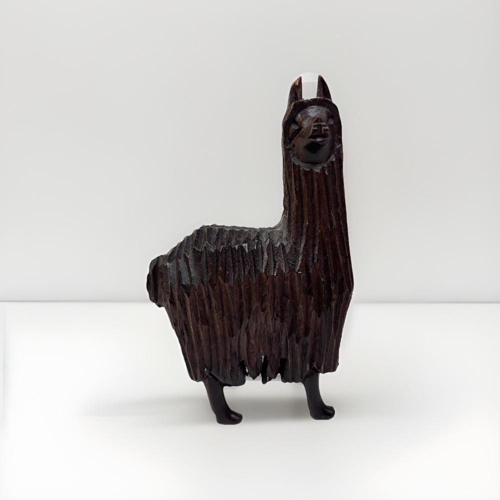 Vtg Boho Home Decor Small Hand‎ Carved Dark Wood Alpaca Figurine Rustic Folk Art